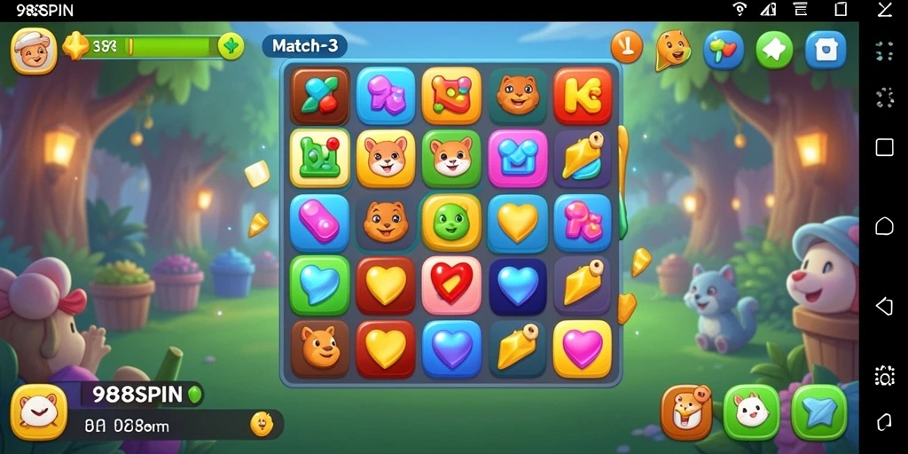 Gameplay menarik 988SPIN dengan elemen Match-3 yang penuh warna.