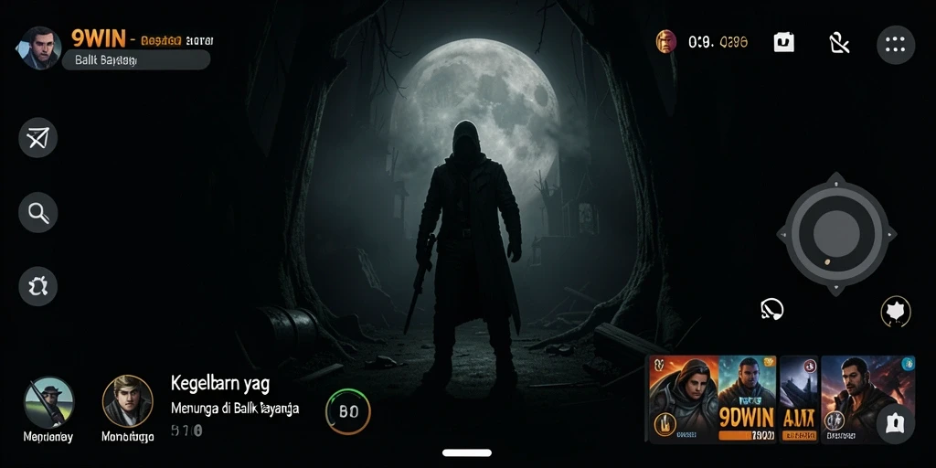 Screenshot gameplay 9WIN menampilkan kegelapan dan suasana mencekam.