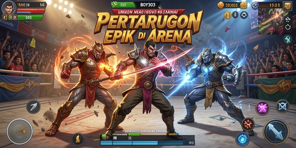 Tampilan gameplay BOY303 saat karakter bertarung di arena.