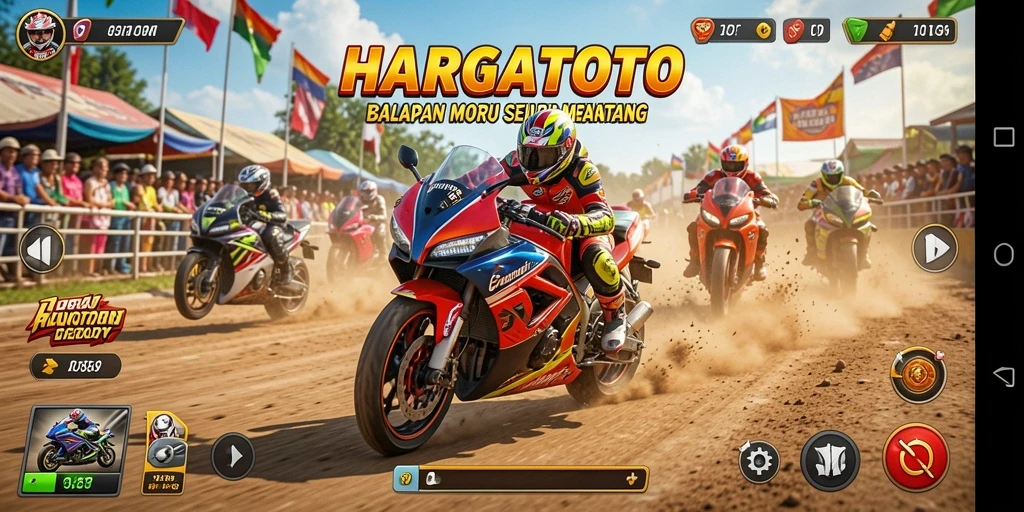 Gameplay HARGATOTO yang seru dan mendebarkan dalam balapan motor.