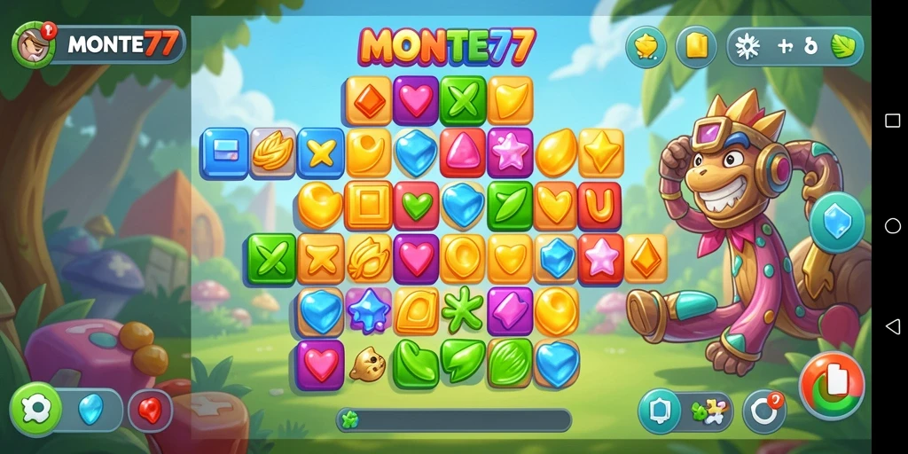 Screenshot gameplay seru dari MONTE77 yang memperlihatkan keseruan Match-3.